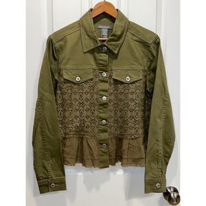 NWOT KATE & MALLORY Olive Green Lace Ruffle Denim Trucker Jacket Women's Medium